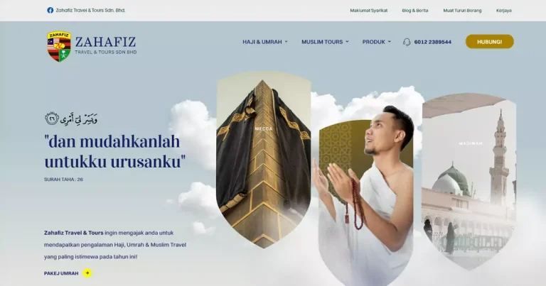 Paparan laman Zahafiz Travel dengan Kaabah, jemaah berdoa dan Masjid Nabawi
