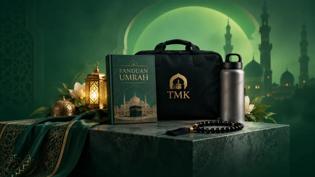 Kit eksklusif TMK: buku Panduan Umrah, beg TMK, botol air dan tasbih
