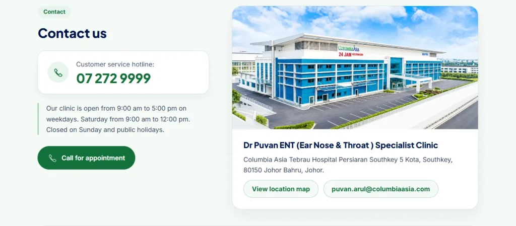 Hotline dan lokasi Dr Puvan ENT Specialist Clinic di Columbia Asia Tebrau Hospital, Johor Bahru